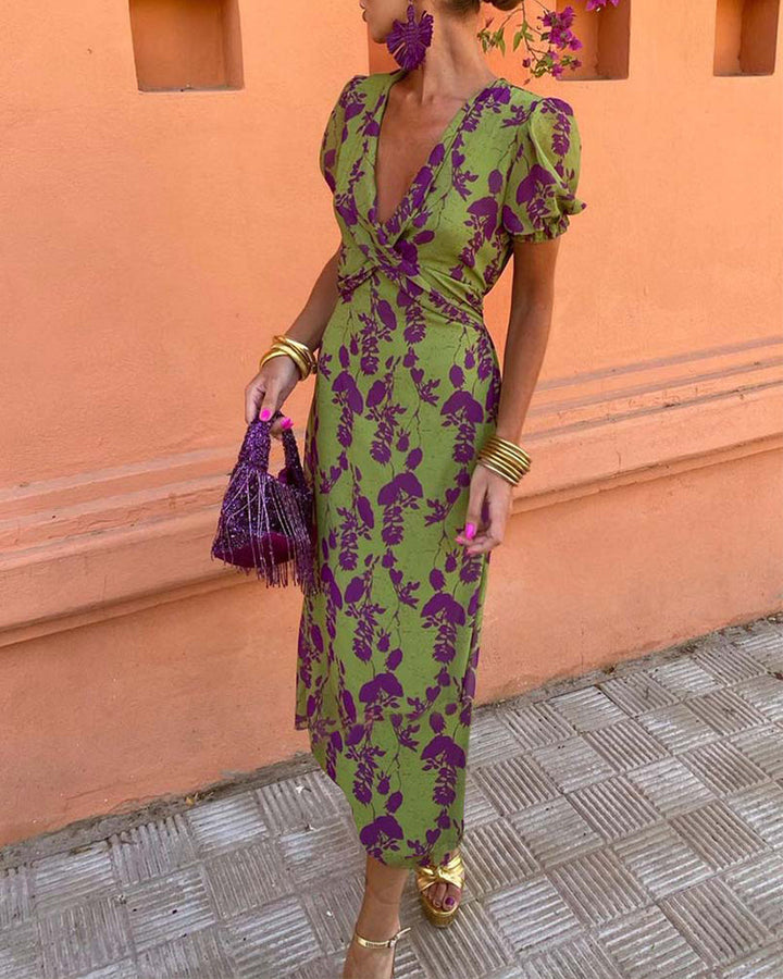 Anna | Elegant Deep V-neck Dress With Leaf Pattern