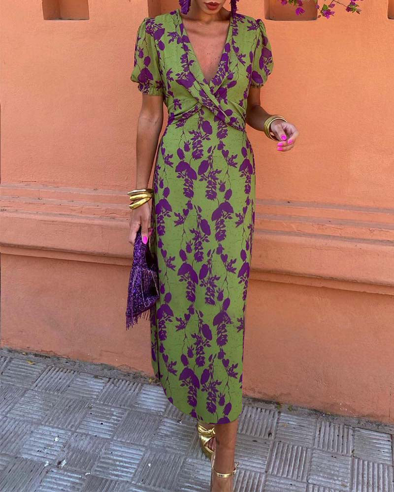 Anna | Elegant Deep V-neck Dress With Leaf Pattern