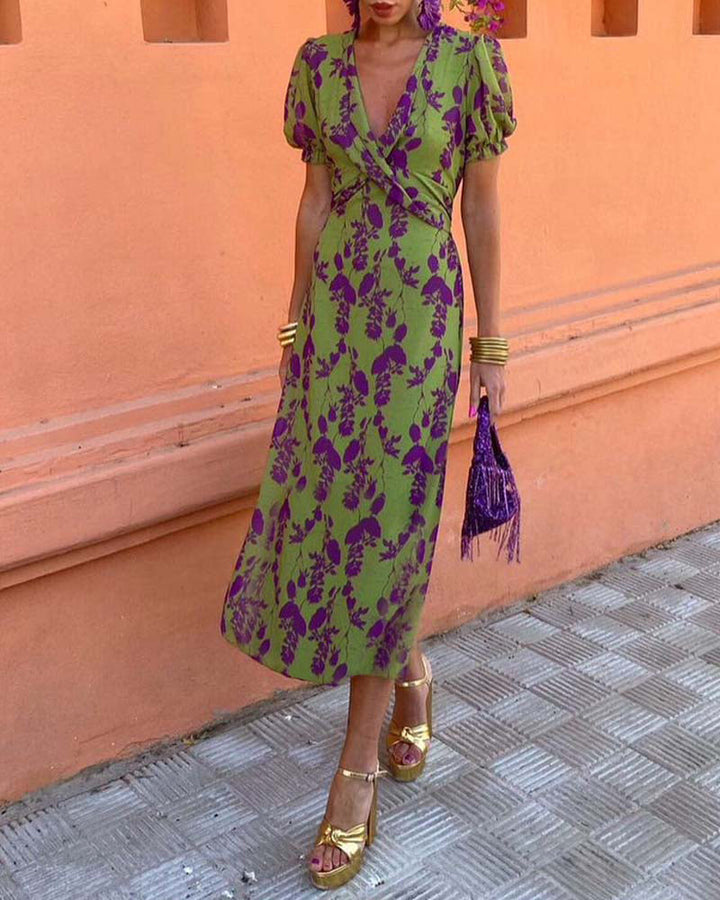 Anna | Elegant Deep V-neck Dress With Leaf Pattern