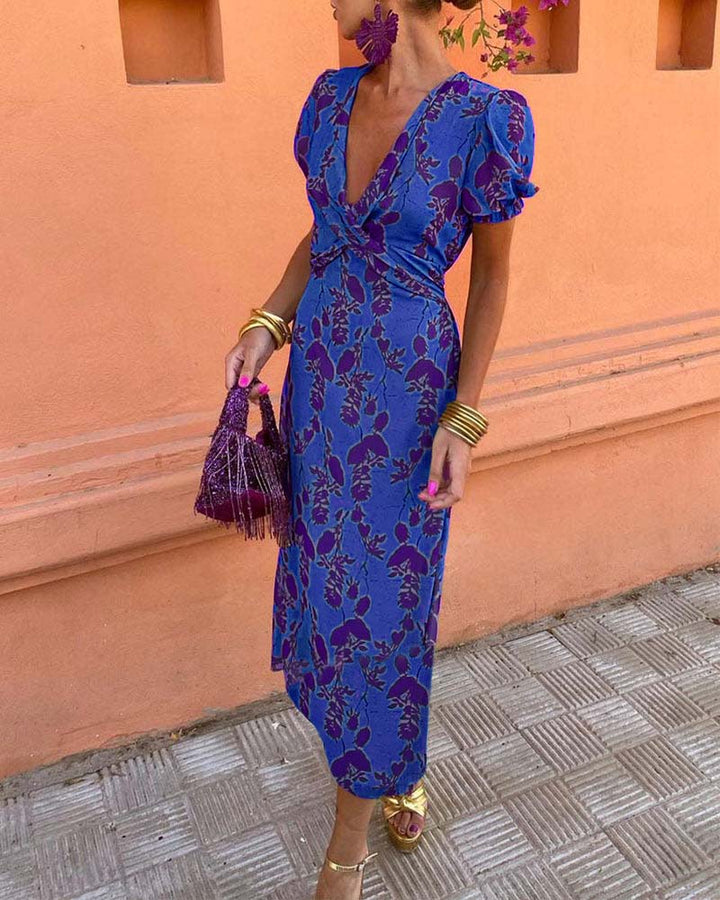 Anna | Elegant Deep V-neck Dress With Leaf Pattern