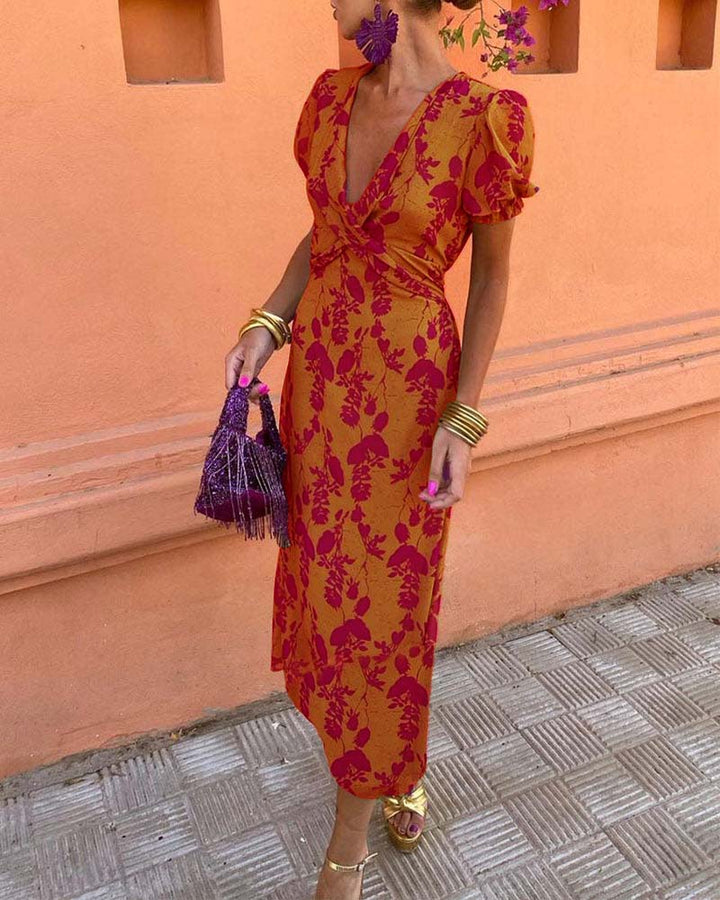 Anna | Elegant Deep V-neck Dress With Leaf Pattern