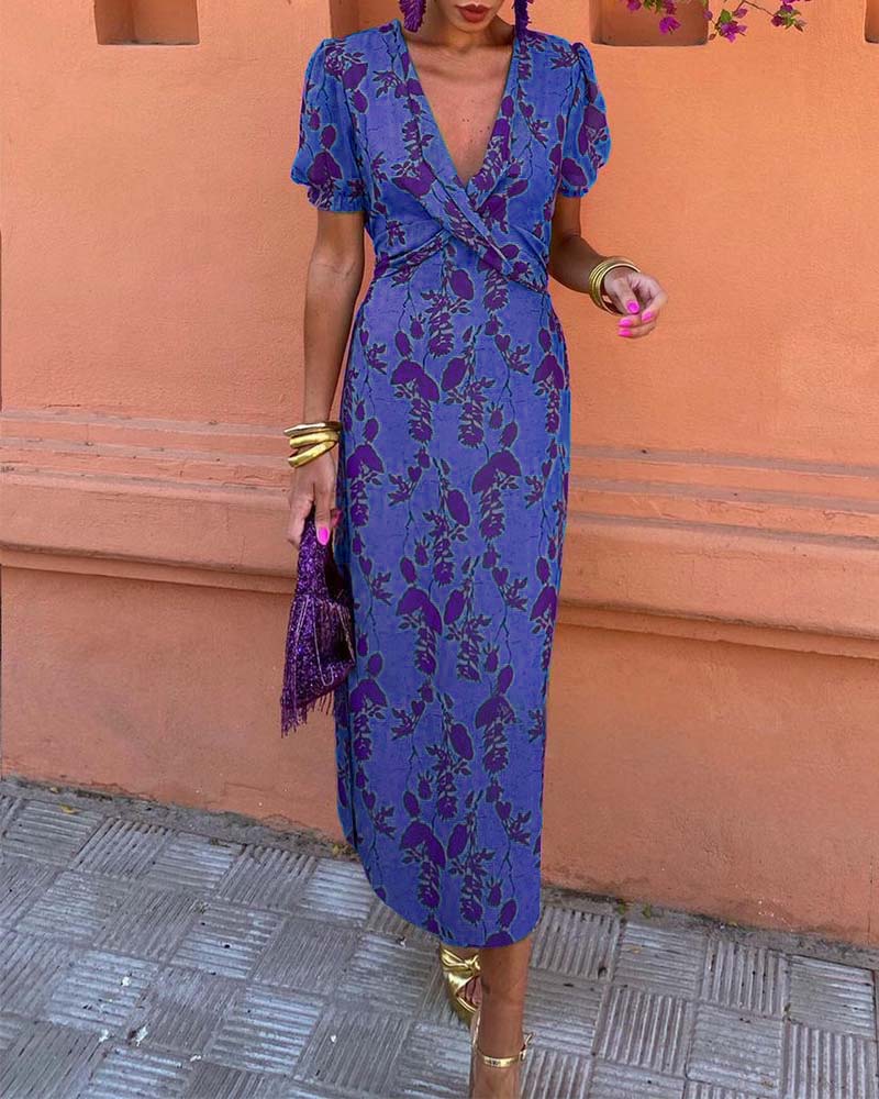 Anna | Elegant Deep V-neck Dress With Leaf Pattern