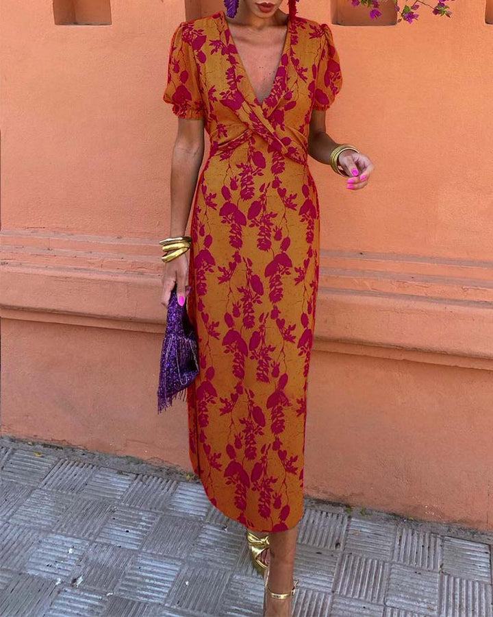 Anna | Elegant Deep V-neck Dress With Leaf Pattern
