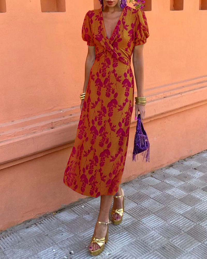 Anna | Elegant Deep V-neck Dress With Leaf Pattern