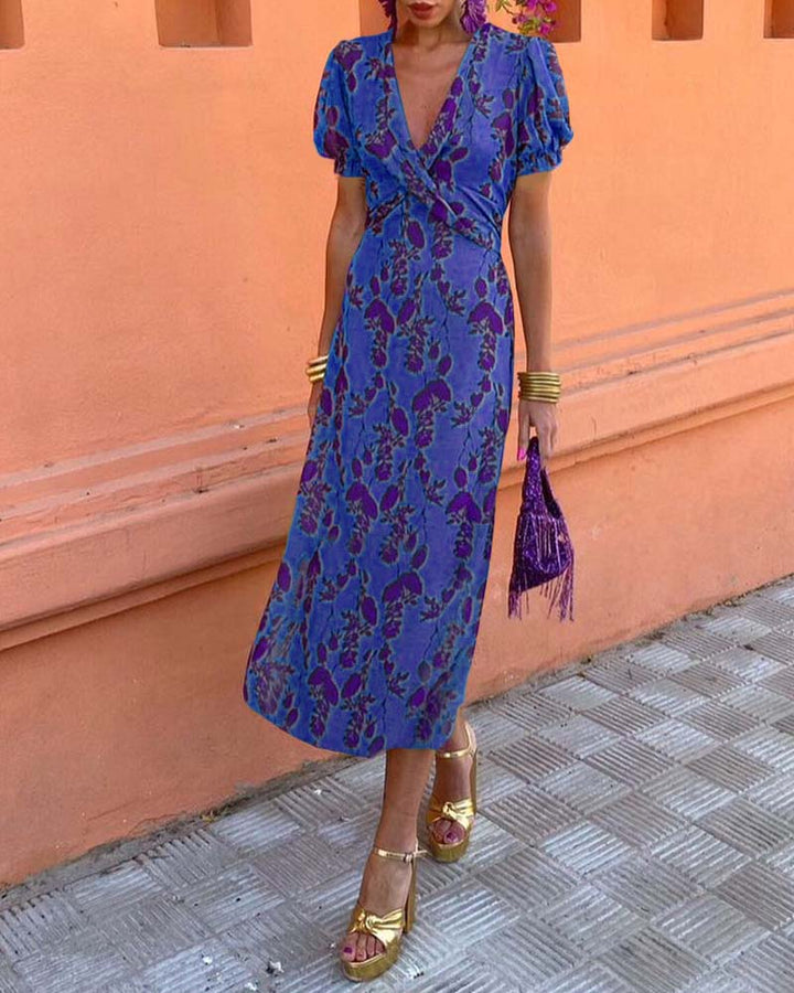 Anna | Elegant Deep V-neck Dress With Leaf Pattern