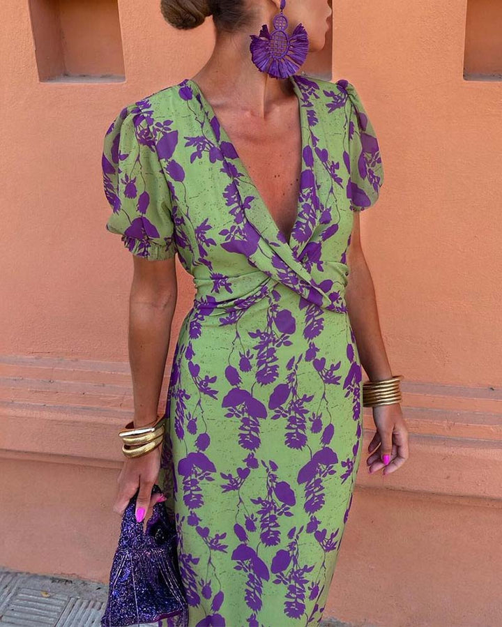 Anna | Elegant Deep V-neck Dress With Leaf Pattern